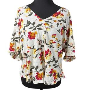 Lucky Brand Womens Floral V-Neck Top White Pink Yellow Cotton Ruffle Hem Large